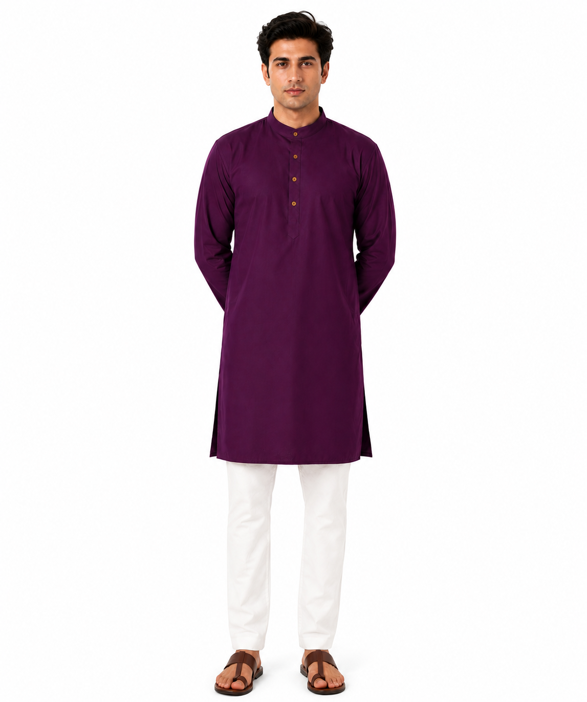 In-Sattva Men's Indian Banded Classic Collar Pure Cotton Long Ruby Wine Kurta Tunic