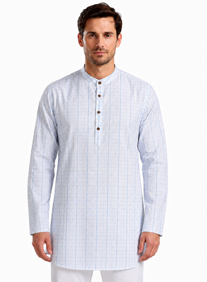 In-Sattva Men's Classic Cotton Checkered Sattva-Collar Thigh-Length Kurta Tunic; Checkered Blue