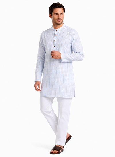 In-Sattva Men's Classic Cotton Checkered Sattva-Collar Thigh-Length Kurta Tunic; Checkered Blue