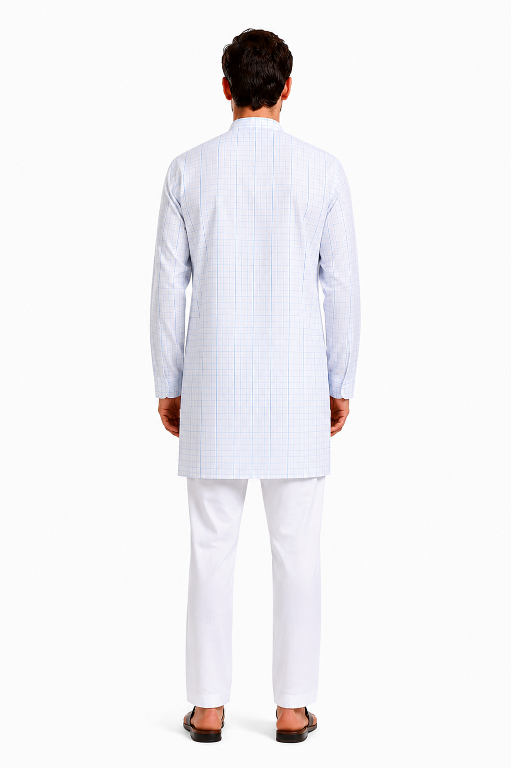 In-Sattva Men's Classic Cotton Checkered Sattva-Collar Thigh-Length Kurta Tunic; Checkered Blue