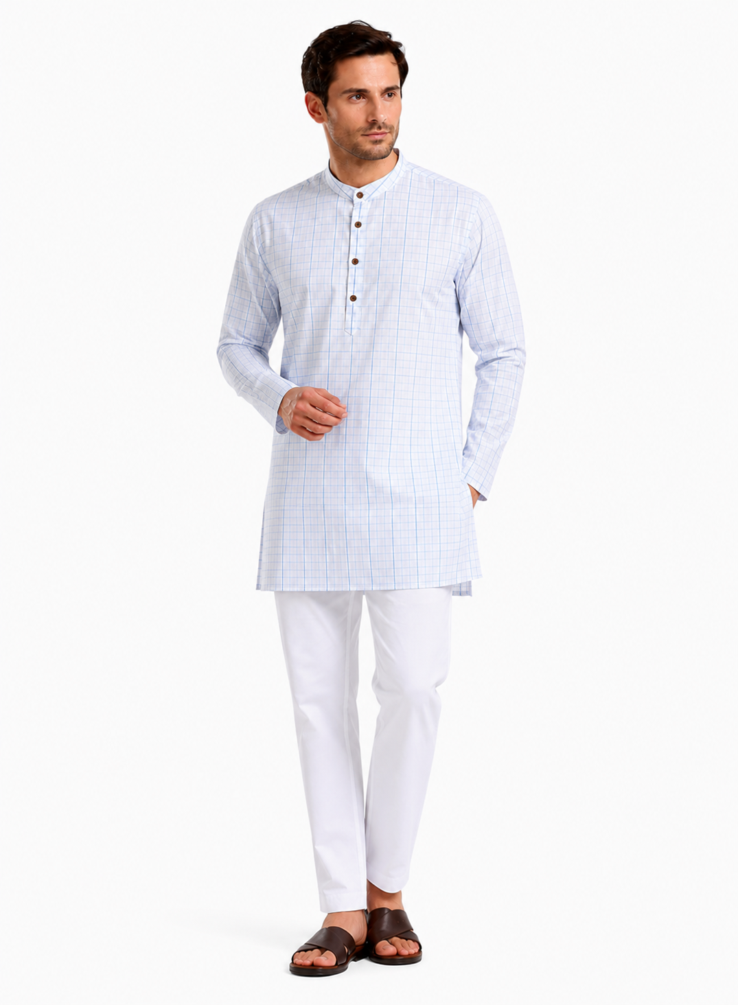 In-Sattva Men's Classic Cotton Checkered Sattva-Collar Thigh-Length Kurta Tunic; Checkered Blue