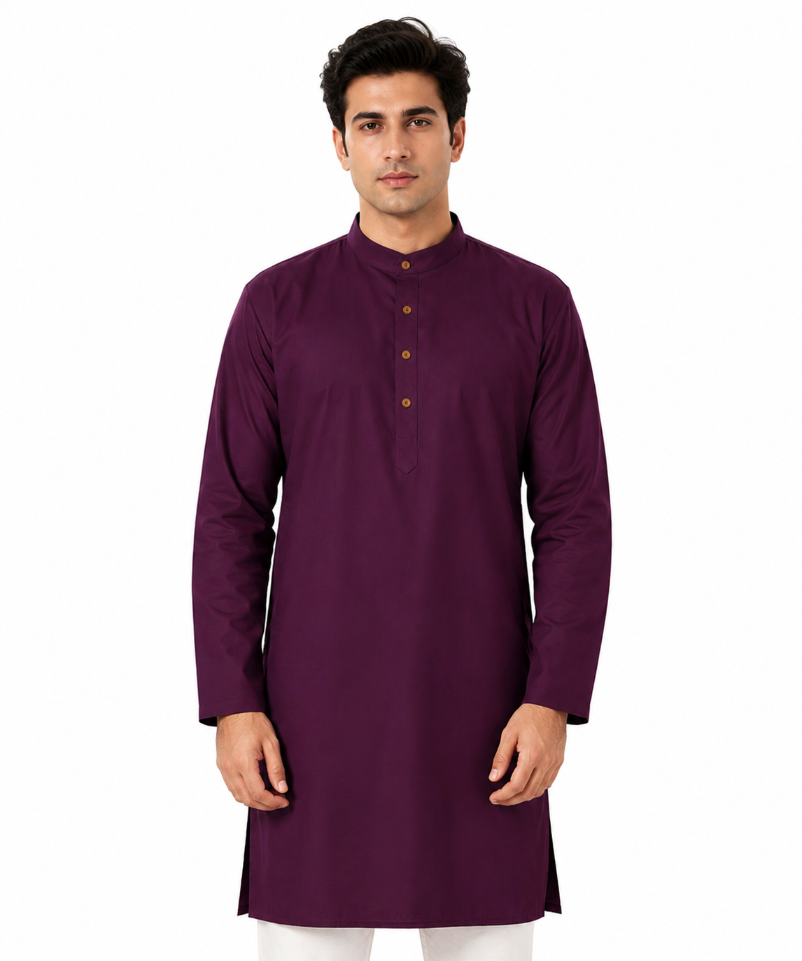 In-Sattva Men's Indian Banded Classic Collar Pure Cotton Long Ruby Wine Kurta Tunic