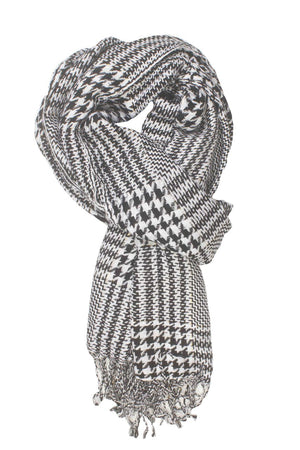 In-Sattva Colors White houndstooth checkered rayon scarf stole, primary product image highlighting its color, pattern and woven texture.