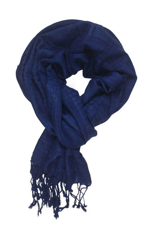 In-Sattva Colors Blue checkered handwoven rayon scarf stole, primary product image highlighting its color, pattern and woven texture.