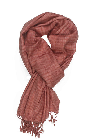 In-Sattva Colors Brown/Orange checkered handwoven rayon scarf stole, primary product image highlighting its color, pattern and woven texture.