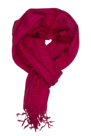In-Sattva Colors Red checkered handwoven rayon scarf stole, primary product image highlighting its color, pattern and woven texture.