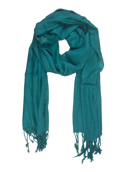 In-Sattva Colors Blue/Green decorative border rayon scarf stole, alternate product image showing its artisan pattern and lightweight drape.
