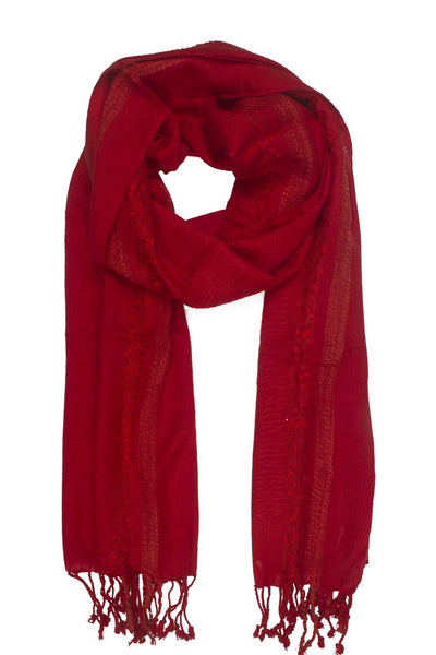 In-Sattva Colors Red decorative border rayon scarf stole, alternate product image showing its artisan pattern and lightweight drape.