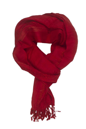 In-Sattva Colors Red decorative border rayon scarf stole, primary product image highlighting its color, pattern and woven texture.
