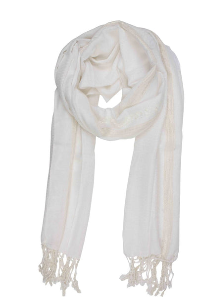 In-Sattva Colors White decorative border rayon scarf stole, alternate product image showing its artisan pattern and lightweight drape.