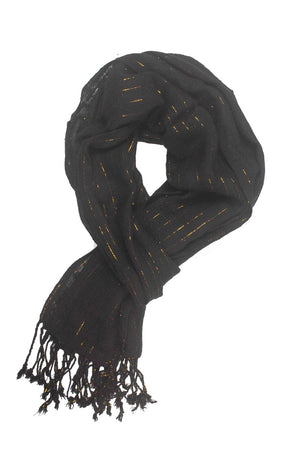 In-Sattva Colors Black embellished striped rayon scarf stole, primary product image highlighting its color, pattern and woven texture.