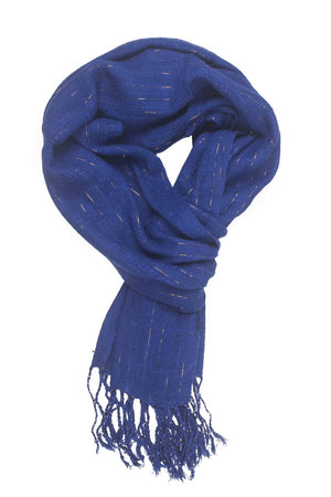In-Sattva Colors Blue embellished striped rayon scarf stole, primary product image highlighting its color, pattern and woven texture.