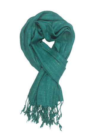 In-Sattva Colors Emerald embellished striped rayon scarf stole, primary product image highlighting its color, pattern and woven texture.