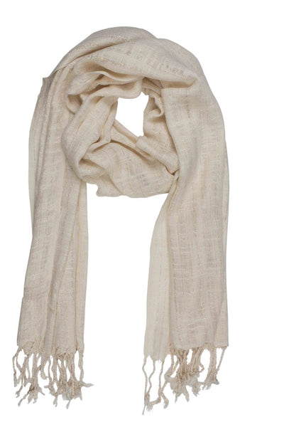 In-Sattva Colors White/Cream embellished striped rayon scarf stole, alternate product image showing its artisan pattern and lightweight drape.