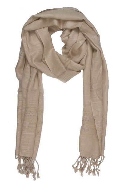 In-Sattva Colors Beige solid color rayon scarf stole, alternate product image showing its artisan pattern and lightweight drape.