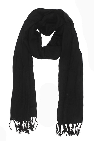 In-Sattva Colors Black solid color rayon scarf stole, alternate product image showing its artisan pattern and lightweight drape.