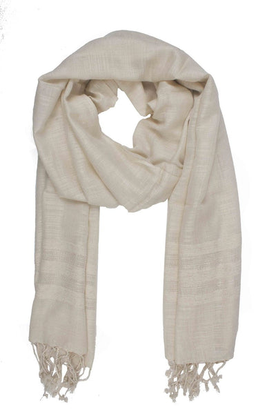 In-Sattva Colors White/Cream solid color rayon scarf stole, alternate product image showing its artisan pattern and lightweight drape.