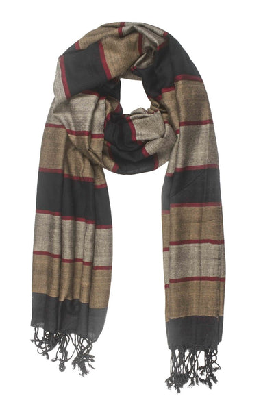 In-Sattva Colors Black striped handwoven rayon scarf stole, alternate product image showing its artisan pattern and lightweight drape.