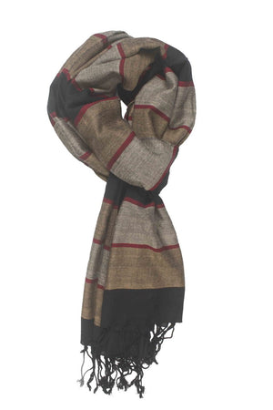 In-Sattva Colors Black striped handwoven rayon scarf stole, primary product image highlighting its color, pattern and woven texture.