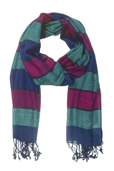 In-Sattva Colors Blue striped handwoven rayon scarf stole, alternate product image showing its artisan pattern and lightweight drape.