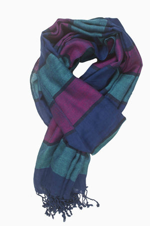 In-Sattva Colors Blue striped handwoven rayon scarf stole, primary product image highlighting its color, pattern and woven texture.