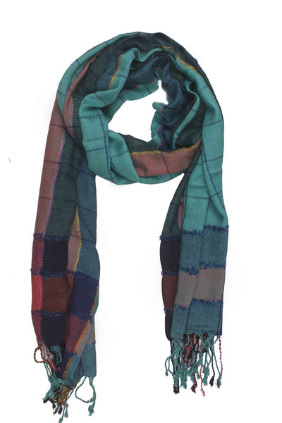 In-Sattva Colors Blue/Green striped handwoven rayon scarf stole, alternate product image showing its artisan pattern and lightweight drape.