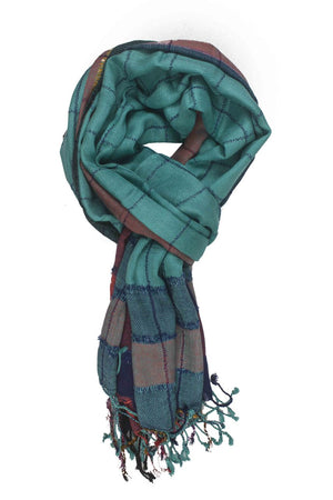 In-Sattva Colors Blue/Green striped handwoven rayon scarf stole, primary product image highlighting its color, pattern and woven texture.