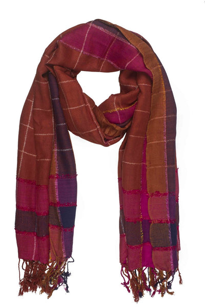 In-Sattva Colors Brown/Orange striped handwoven rayon scarf stole, alternate product image showing its artisan pattern and lightweight drape.