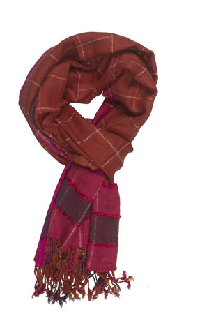 In-Sattva Colors Brown/Orange striped handwoven rayon scarf stole, primary product image highlighting its color, pattern and woven texture.