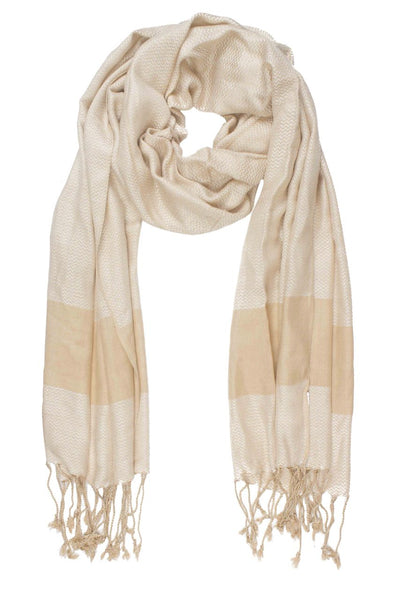 In-Sattva Colors Tan striped handwoven rayon scarf stole, alternate product image showing its artisan pattern and lightweight drape.