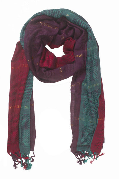 In-Sattva Colors Blue/Green color block striped rayon scarf stole, alternate product image showing its artisan pattern and lightweight drape.