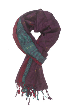 In-Sattva Colors Blue/Green color block striped rayon scarf stole, primary product image highlighting its color, pattern and woven texture.