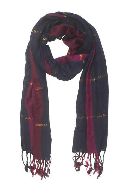In-Sattva Colors Navy color block striped rayon scarf stole, alternate product image showing its artisan pattern and lightweight drape.