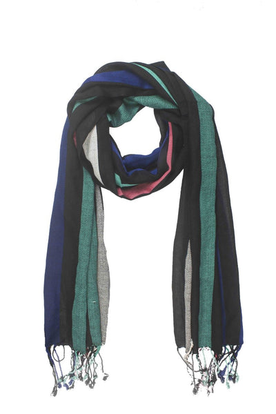 In-Sattva Colors Black striped handwoven rayon scarf stole, alternate product image showing its artisan pattern and lightweight drape.