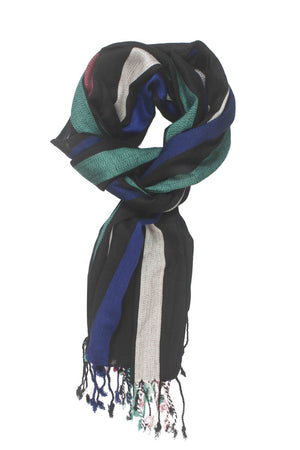 In-Sattva Colors Black striped handwoven rayon scarf stole, primary product image highlighting its color, pattern and woven texture.