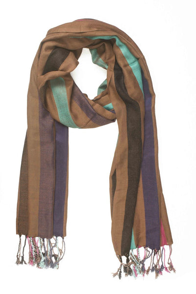 In-Sattva Colors Brown striped handwoven rayon scarf stole, alternate product image showing its artisan pattern and lightweight drape.