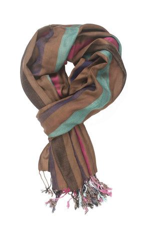 In-Sattva Colors Brown striped handwoven rayon scarf stole, primary product image highlighting its color, pattern and woven texture.