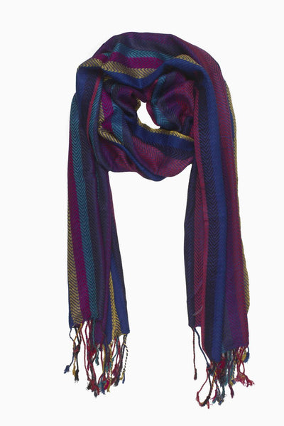 In-Sattva Colors Blue striped handwoven rayon scarf stole, alternate product image showing its artisan pattern and lightweight drape.