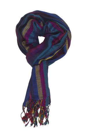 In-Sattva Colors Blue striped handwoven rayon scarf stole, primary product image highlighting its color, pattern and woven texture.