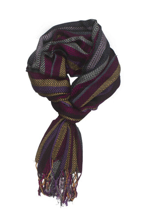 In-Sattva Colors Purple striped handwoven rayon scarf stole, primary product image highlighting its color, pattern and woven texture.