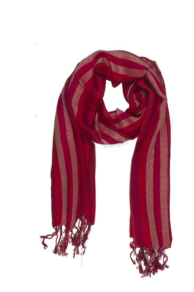 In-Sattva Colors Red striped handwoven rayon scarf stole, alternate product image showing its artisan pattern and lightweight drape.