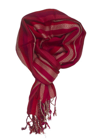 In-Sattva Colors Red striped handwoven rayon scarf stole, primary product image highlighting its color, pattern and woven texture.