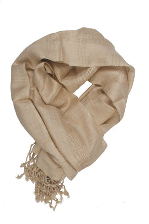 In-Sattva Colors Beige checkered handwoven rayon scarf stole, primary product image highlighting its color, pattern and woven texture.