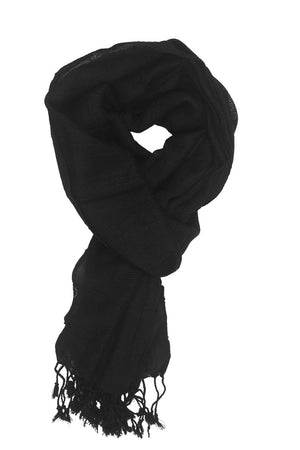 In-Sattva Colors Black checkered handwoven rayon scarf stole, primary product image highlighting its color, pattern and woven texture.