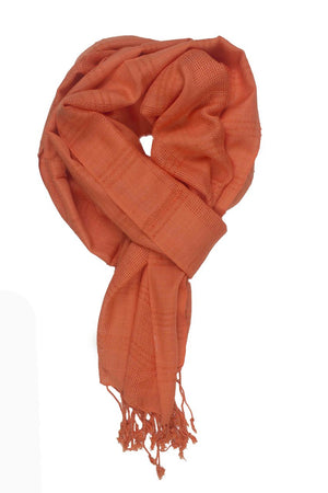 In-Sattva Colors Peach checkered handwoven rayon scarf stole, primary product image highlighting its color, pattern and woven texture.