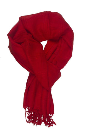 In-Sattva Colors Red checkered handwoven rayon scarf stole, primary product image highlighting its color, pattern and woven texture.