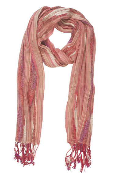 In-Sattva Colors Beige woven vertical striped rayon scarf stole, alternate product image showing its artisan pattern and lightweight drape.
