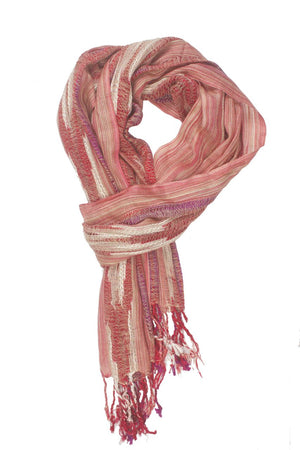 In-Sattva Colors Beige woven vertical striped rayon scarf stole, primary product image highlighting its color, pattern and woven texture.
