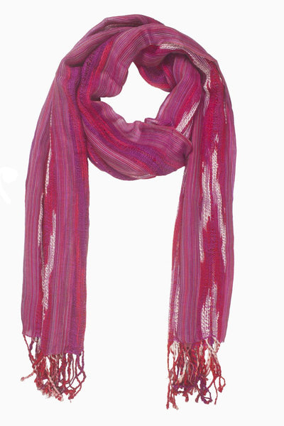 In-Sattva Colors Pink/Magenta woven vertical striped rayon scarf stole, alternate product image showing its artisan pattern and lightweight drape.
