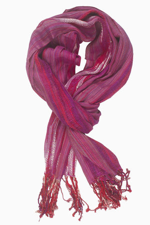 In-Sattva Colors Pink/Magenta woven vertical striped rayon scarf stole, primary product image highlighting its color, pattern and woven texture.